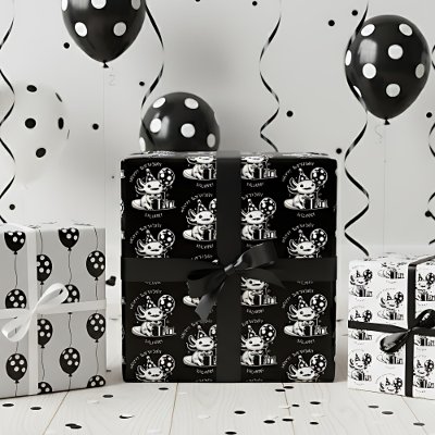 Personalized Black &amp; White Axolotl Birthday Wrapping Paper Sheets