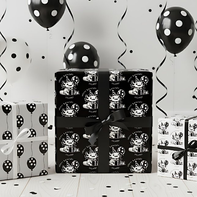 Personalized Black & White Axolotl Birthday Wrapping Paper Sheets (Creator Uploaded)
