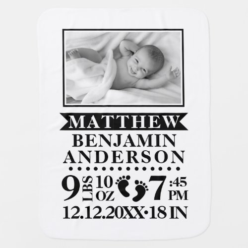 Personalized Black White Baby Birth Stats PHOTO Baby Blanket