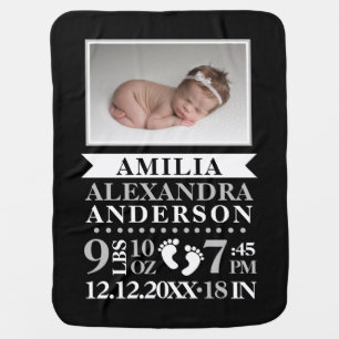 Personalized Black White Baby Birth Stats PHOTO Blanket
