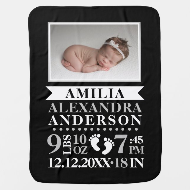 Personalized Black White Baby Birth Stats PHOTO Blanket (Front)