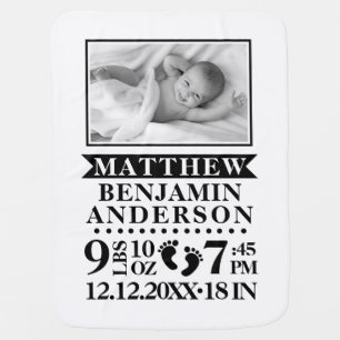 Personalized Black White Baby Birth Stats PHOTO Blanket