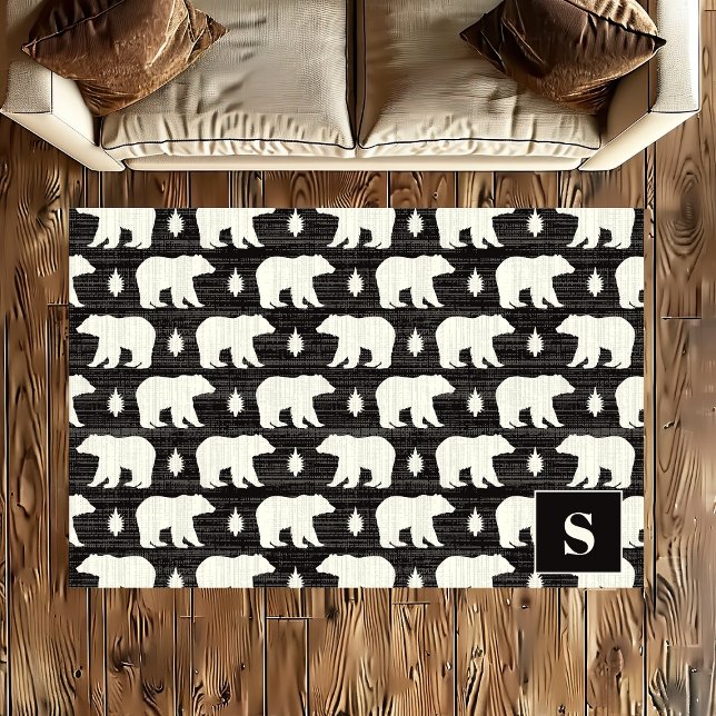 Personalized Black White Bear Pattern Monogram Rug (Creator Uploaded)
