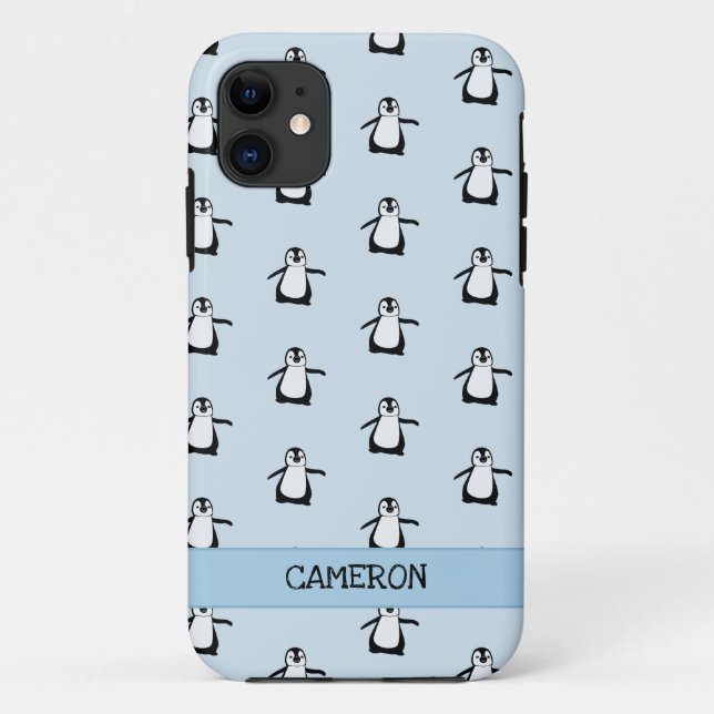 Personalized Black White Blue Cute Penguin Case-Mate iPhone Case (Back)