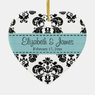 Personalized Black White Blue Damask Wedding Favor Ceramic Ornament