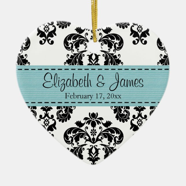 Personalized Black White Blue Damask Wedding Favor Ceramic Ornament (Front)