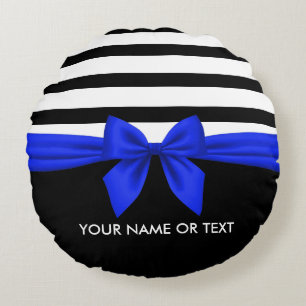 Personalized Black, white Bold Stripes Blue Bow Round Pillow