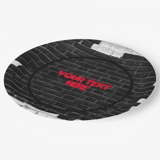 Personalized Black & White Brick Wall Paper Plates (Angled)
