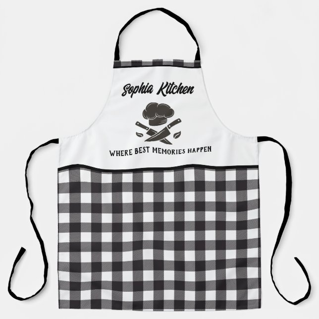 Personalized Black & White Buffalo Plaid Kitchen Apron (Front)