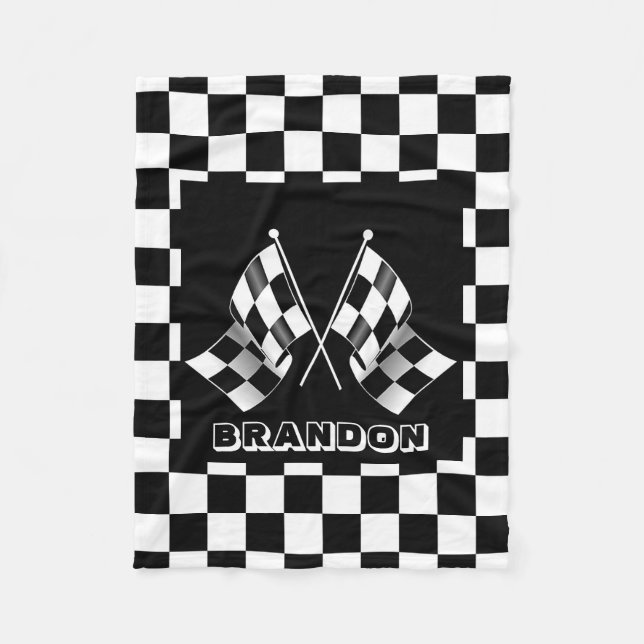 Personalized Black White Checkered Flag Pattern Fleece Blanket (Front)