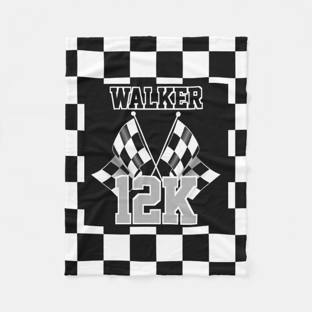 Personalized Black White Checkered Flag Pattern Fleece Blanket (Front)