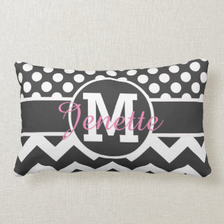 Personalized Black White Chevron Polka Dots Print Lumbar Pillow