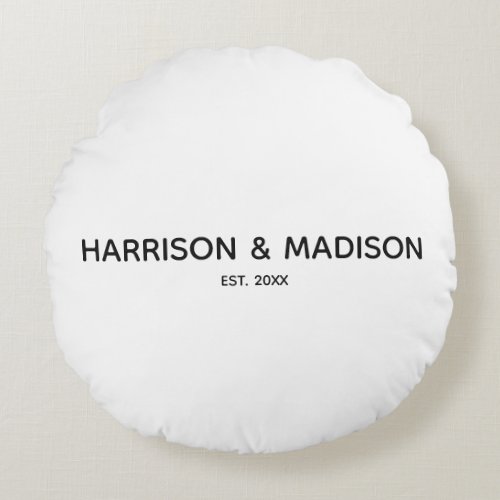 Personalized black white couples name date Wedding Round Pillow