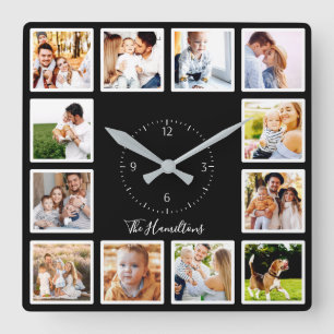 Personalized Black White Custom 12 Photo Collage Square Wall Clock