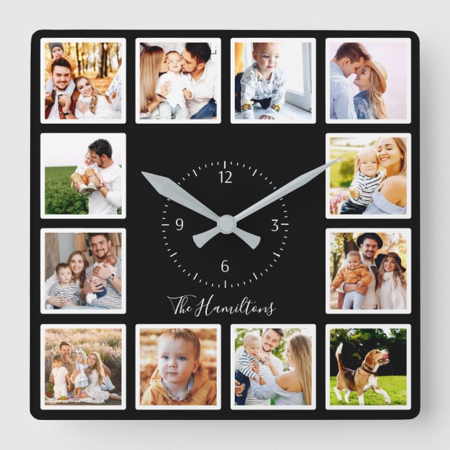 Personalized Black White Custom 12 Photo Collage Square Wall Clock (Front)