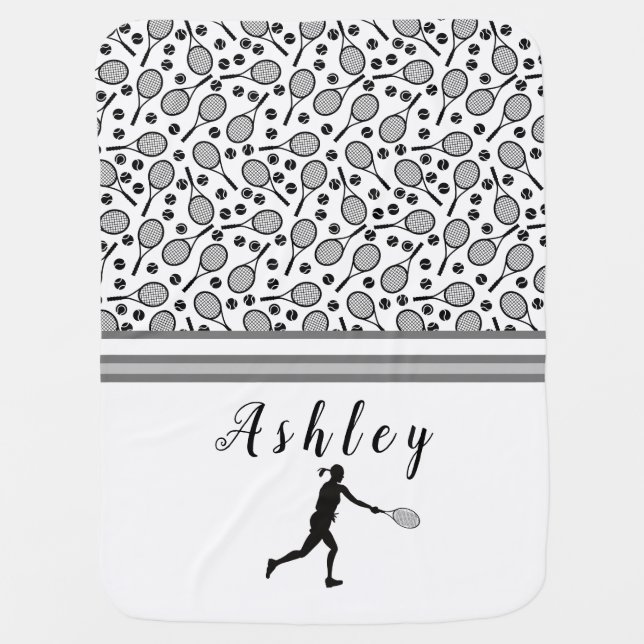 Personalized Black White Cute Stylish Tennis Gift Baby Blanket (Front)