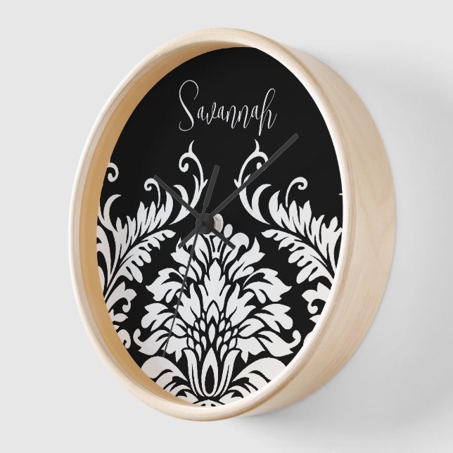 Personalized Black White Damask Wall Clock (Angle)