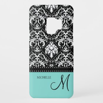 Personalized Black & White Damask With Teal Blue Case-mate Samsung Galaxy S9 Case by eatlovepray at Zazzle
