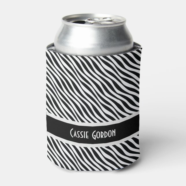Personalized, Black & White Diagonal Waves Pattern Can Cooler (Can Front)