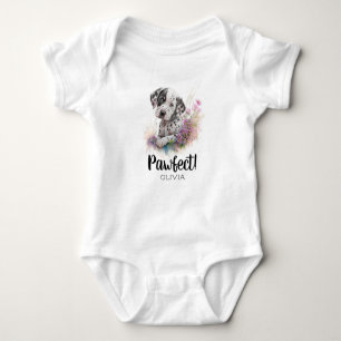 Personalized Black White Dog in Flowers Baby Bodysuit