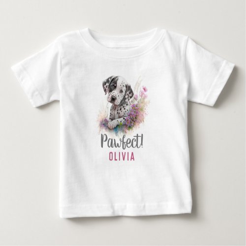 Personalized Black White Dog in Flowers Baby T_Shirt