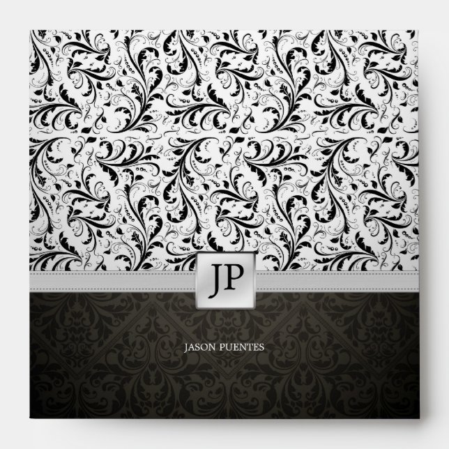 Personalized Black / White Elegant Damask Envelope (Front)