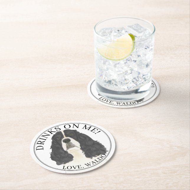 Personalized Black White English Springer Spaniel  Round Paper Coaster (Insitu)