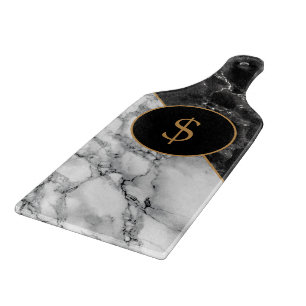 Personalized Black White Faux Marble Cutting Board