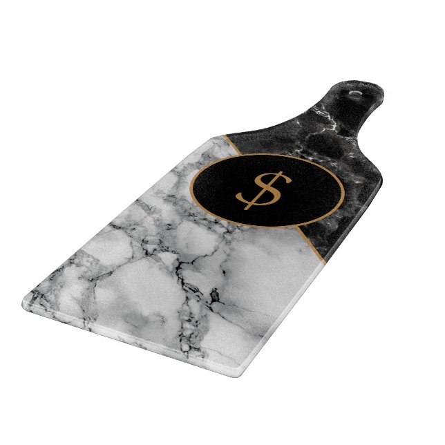 Personalized Black White Faux Marble Cutting Board (Corner)