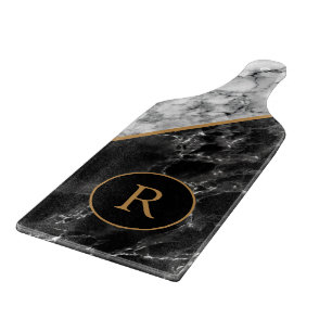 Personalized Black White Faux Marble Cutting Board