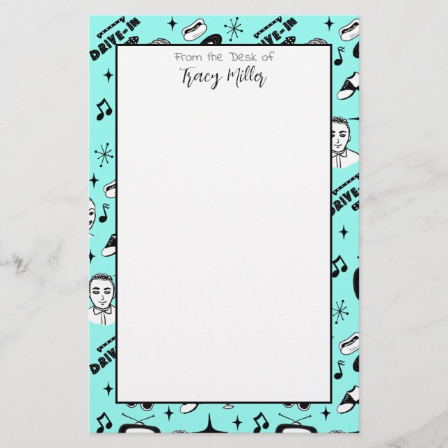 Personalized Black, White Fifties Style Retro   Stationery (Front)