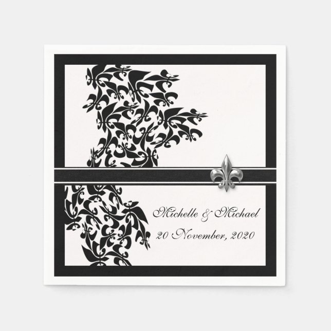 Personalized Black White Fleur de Lis Damask Style Napkins (Front)