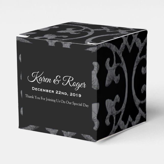 PERSONALIZED BLACK & WHITE FLEUR DE LIS WEDDING FAVOR BOXES (Front Side)