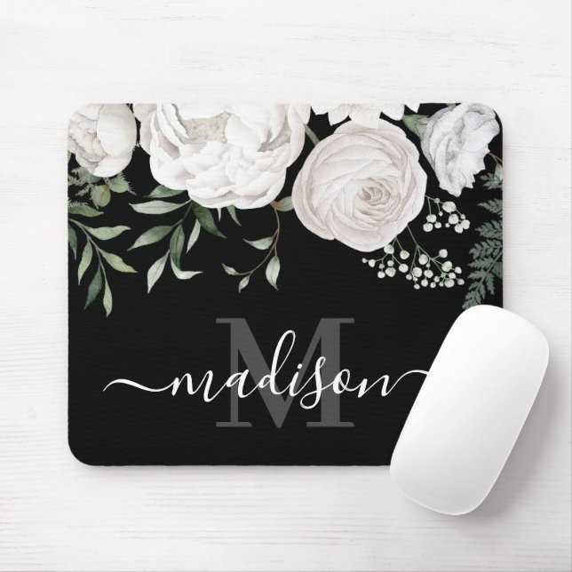 Personalized Black White Floral Name Monogram Mouse Pad (With Mouse)