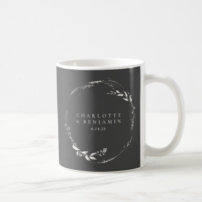 Personalized Black White Floral Wreath Monogram Coffee Mug (Right)