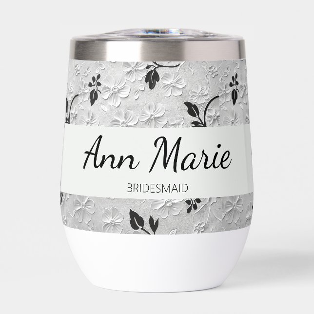 Personalized Black & White Florals Bridesmaid Gift Thermal Wine Tumbler (Front)