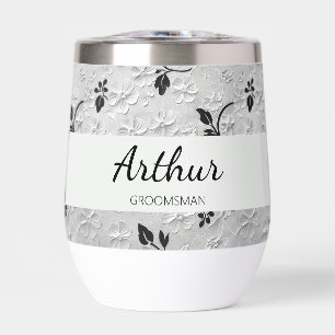 Personalized Black & White Florals Groomsman Gift Thermal Wine Tumbler