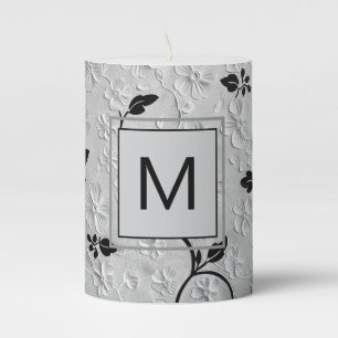 Personalized Black & White Florals Monogram Pillar Candle