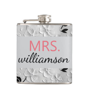 Personalized Black & White Florals MRS. Flask