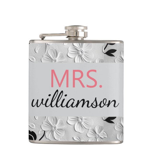 Personalized Black & White Florals MRS. Flask (Front)
