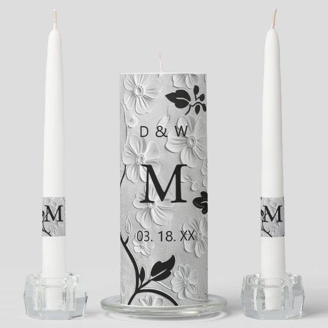 Personalized Black & White Florals Unity Candle Set (Front)