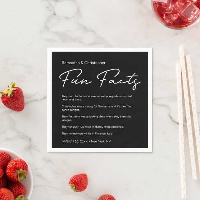 Personalized Black White fun fact list Wedding Napkins (Insitu)