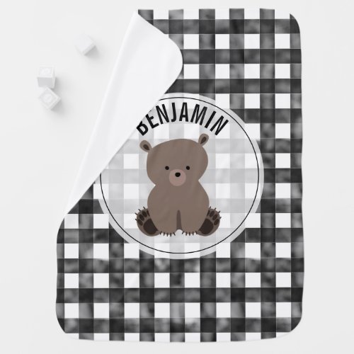 Personalized Black  White Gingham Bear Baby Baby Blanket