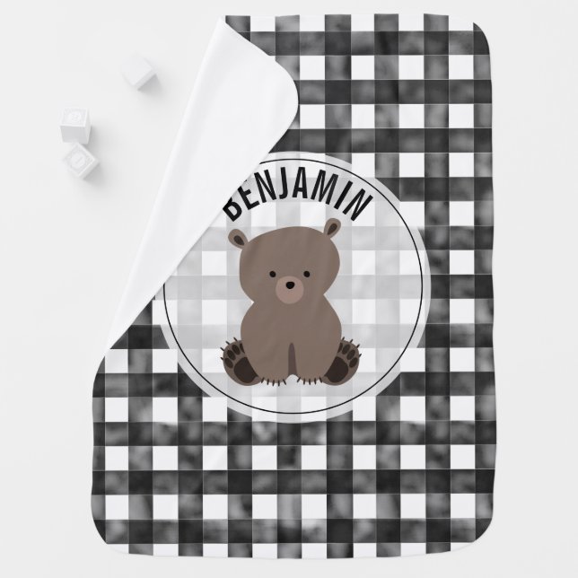 Personalized Black + White Gingham Bear Baby Blanket (In Situ)