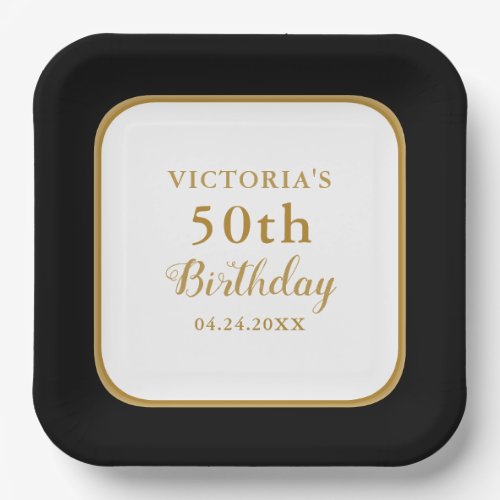 Personalized Black White Gold 50th Birthday Paper Plates