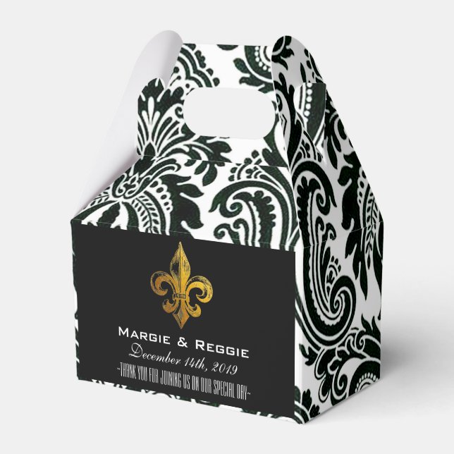 PERSONALIZED BLACK WHITE & GOLD FLEUR DE LIS FAVOR BOXES (Front Side)
