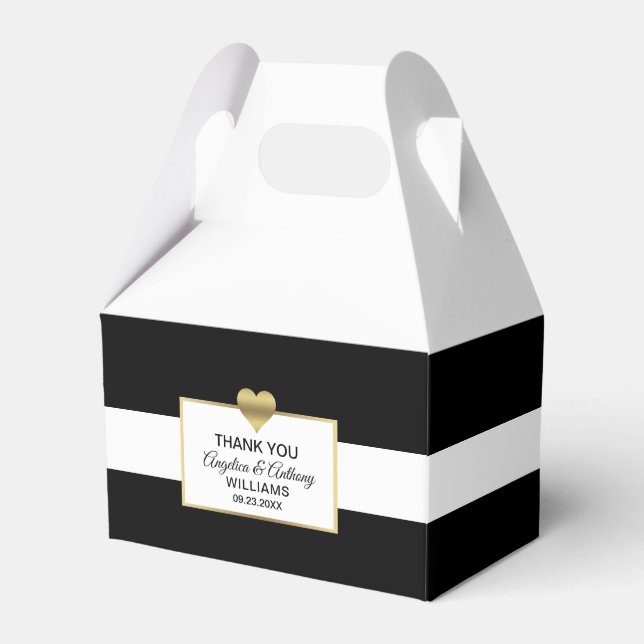 Personalized Black White Gold Heart Wedding Favor Boxes (Front Side)