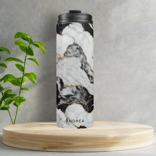 Personalized Black White Gold Marble Thermal Tumbler