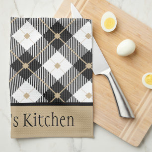 Personalized Black White Gold Plaid Buffalo Plaid Kitchen Towel