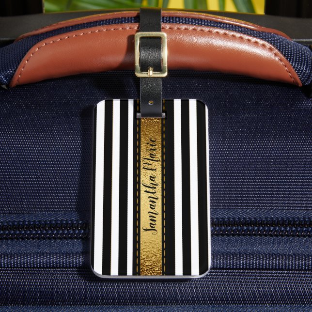Personalized Black White Gold Striped Luggage Tag (Front Insitu 2)